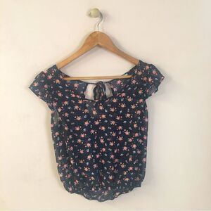 Charlotte Russe Navy Blue & Pink Floral Sheer Blouse Size S EUC